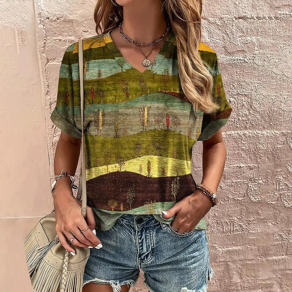 Retro Women's T-Shirt Summer V-Neck Short Sleeve Tee Casual Harajuku Stripe Print T Shirt for Women Streetwear Pullover Tops New