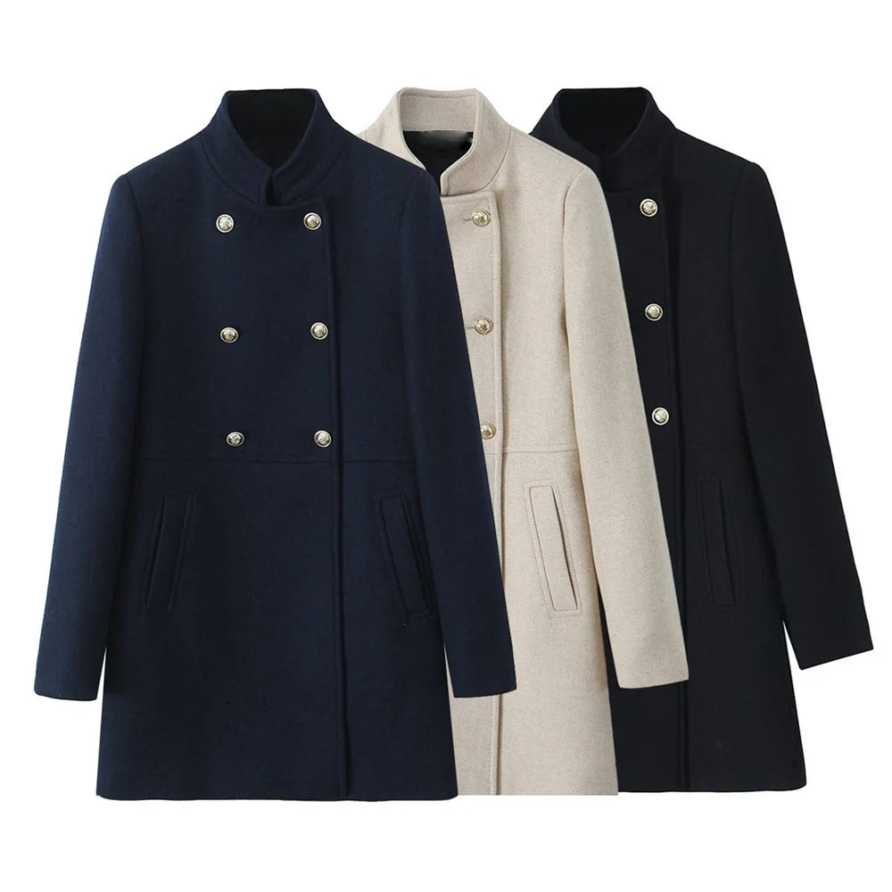 gold button up stand up collar solid color coat for autumn and winter, new double breasted jacket for women