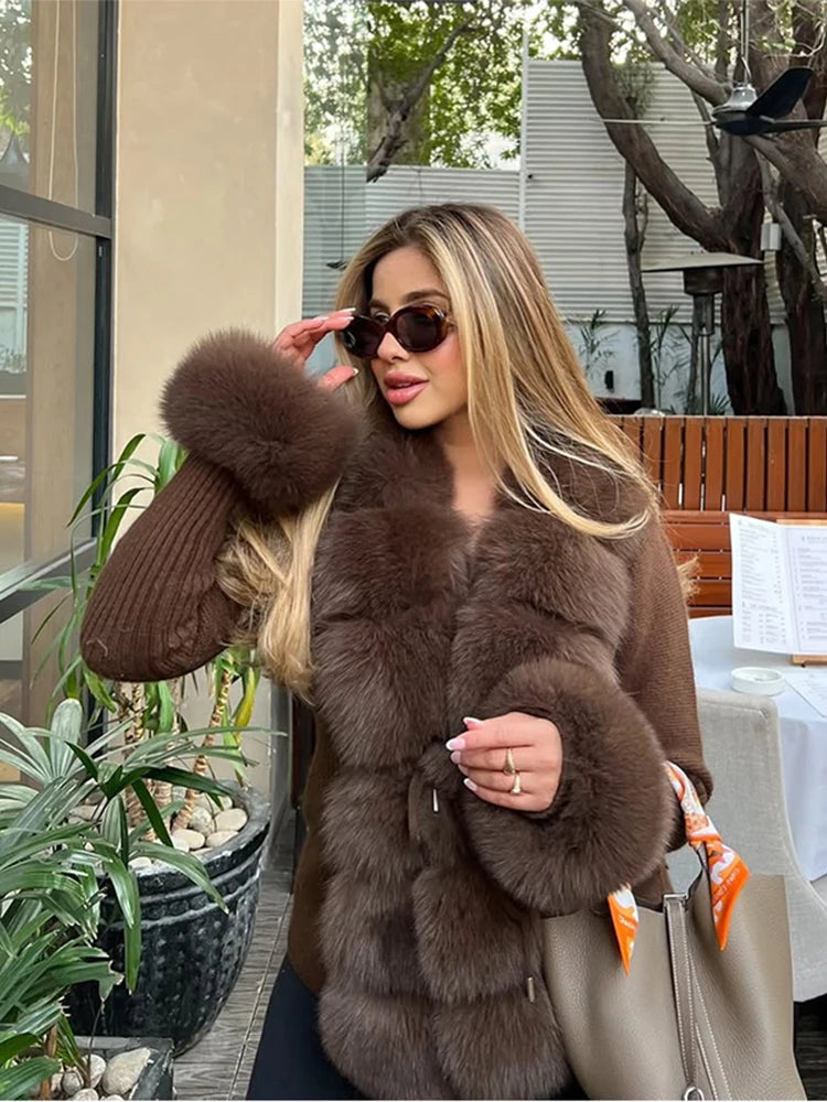 Chic Knitted Faux Fur Patchwork Women's Coat Thicken Warm Lady Coats 2025 Autumn Winter Chic Female Street Outerwears