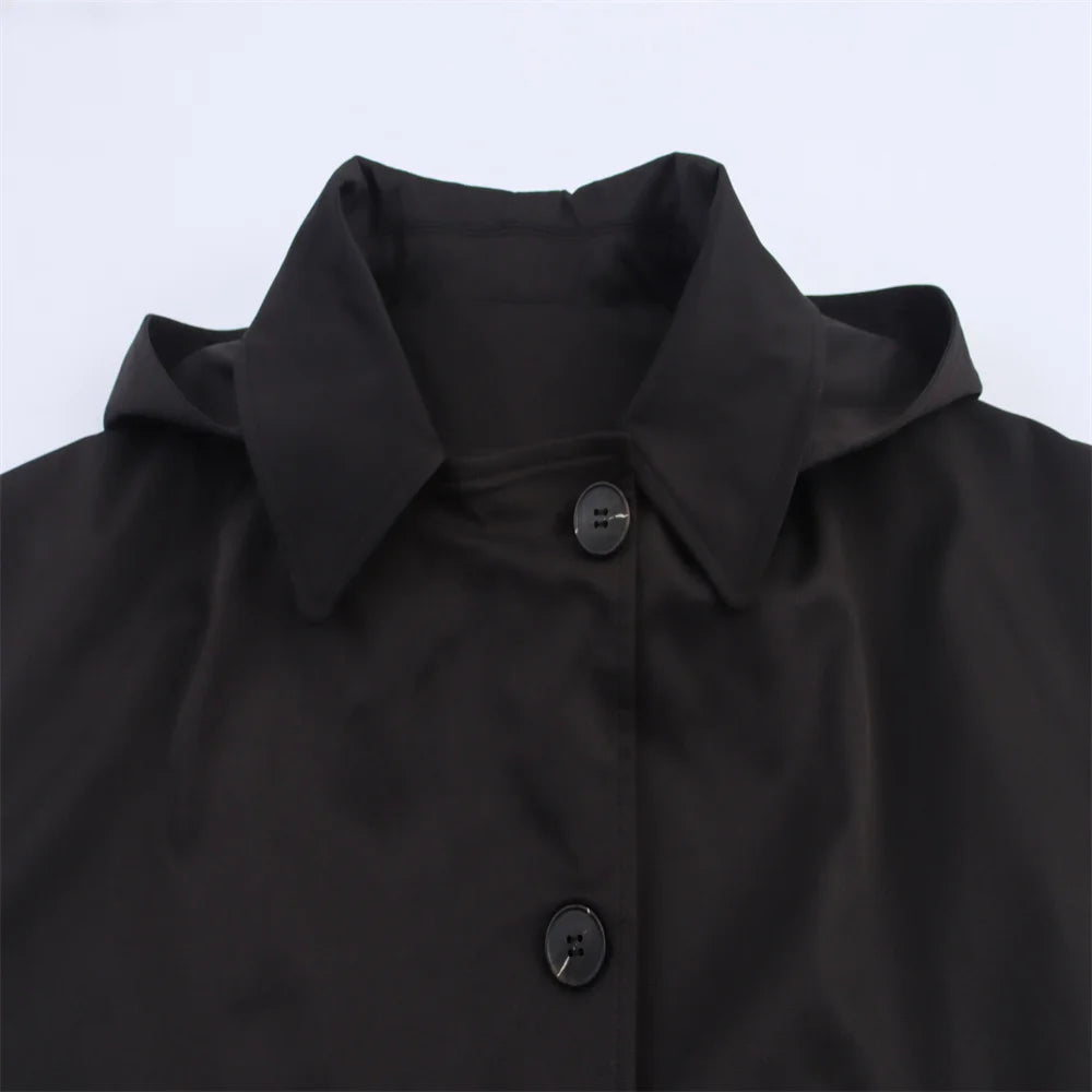 Autumn new European and American style hooded long sleeved lapel jacket single breasted trench coat short jacket