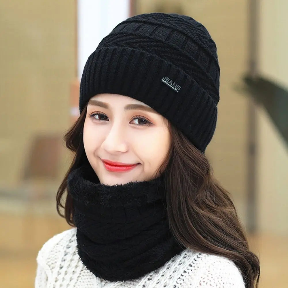 Men Women Winter Beanie Hat Scarf Casual Thermal Fleece Knitted Hat Soft Warm Balaclava Wool Neck Warmer Scarf Cap