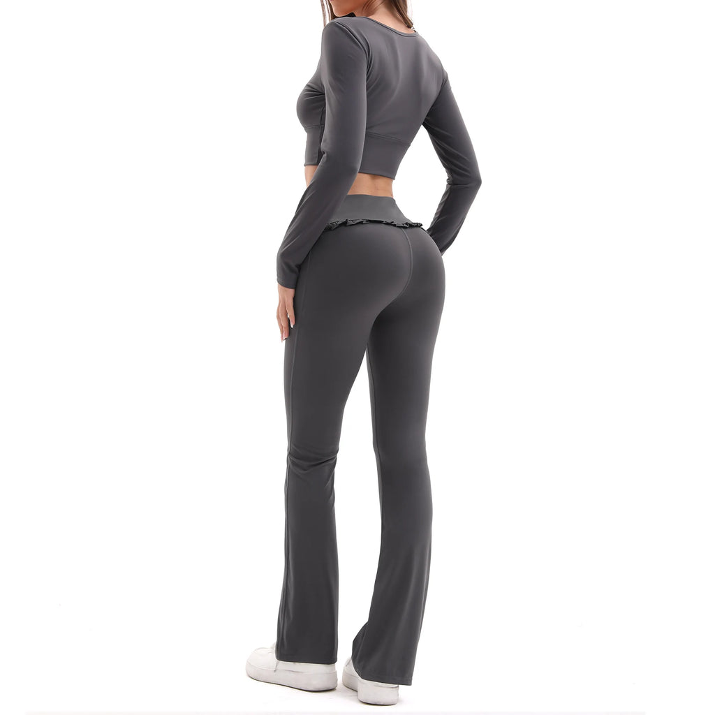 2-Piece Frill Yoga Set Women High Waist Tummy Control Flared Pants Long Sleeve Top Activewear Gym Running Classic Dark Grey
