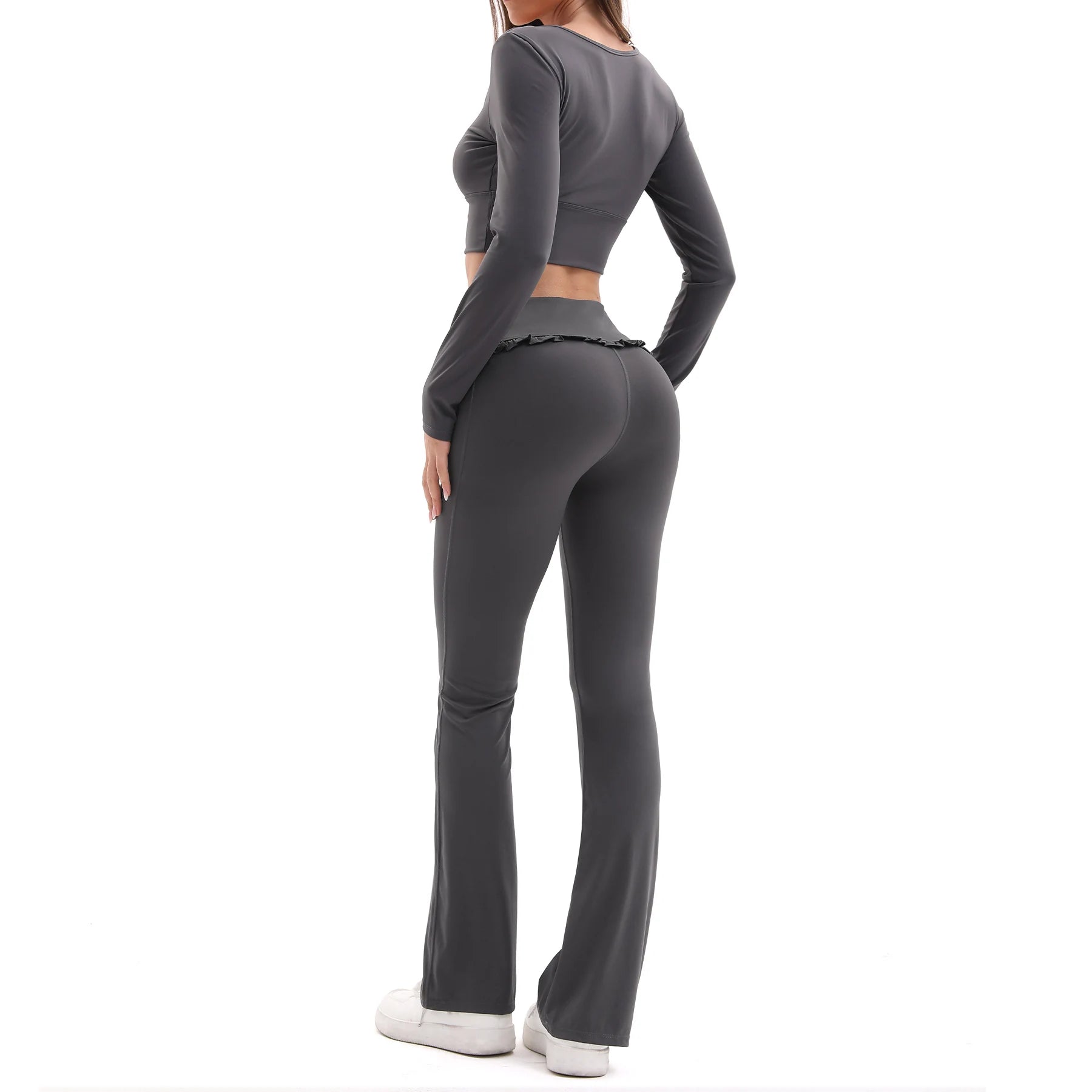 2-Piece Frill Yoga Set Women High Waist Tummy Control Flared Pants Long Sleeve Top Activewear Gym Running Classic Dark Grey