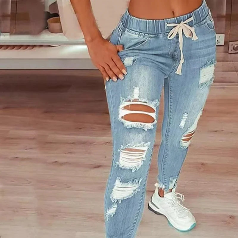 Fashion Vintage Blue Ripped Jeans Women Elastic Waist Drawstring Pencil Denim Jeans Office Lady Holes High Waist Trousers