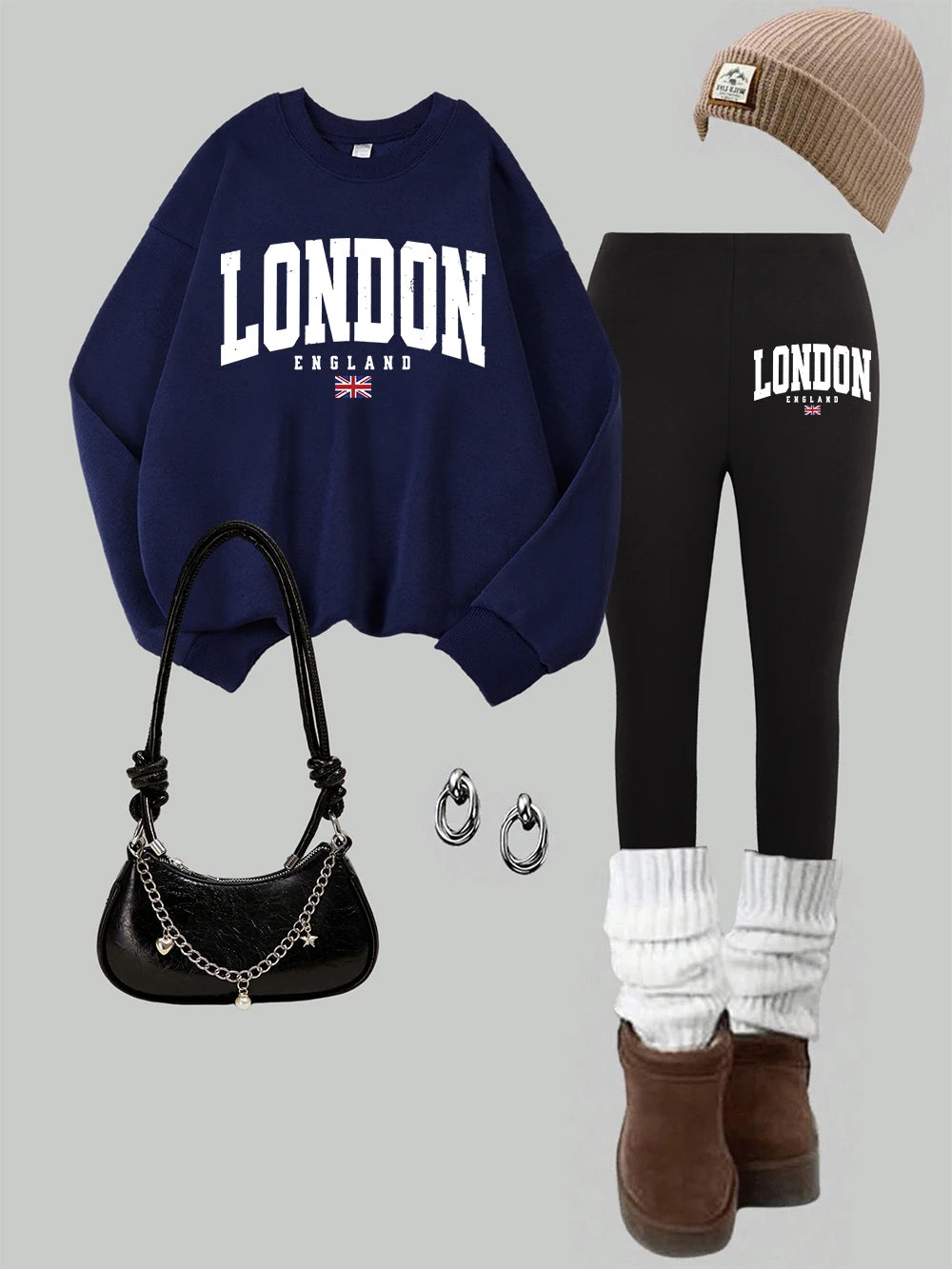 2 Piece Womens London England Flag Printing Sweatshirts Leggings Set Street Fleece Thermal Hoodie Pants Winter Womans Clothes