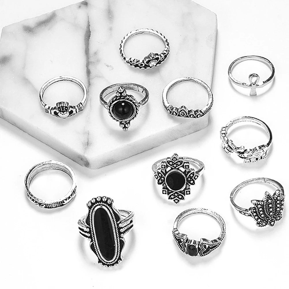 11 pcs Silver Knuckle Rings Set Gothic Crescent Ring Set Punk Silver Plated Cross Ring for Women