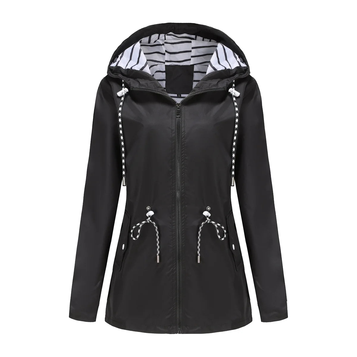 Red Waterproof Hooded Jacket, Women Fashion Casual Coat, Waist Drawstring Tie Zipper Switch Blue Green Yellow Black Windbreaker