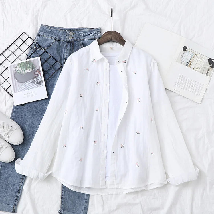 2025 Spring Autumn New Fresh Cotton Yarn Ladies Long Sleeve Shirt Flower Embroidered Women's Casual Shirt Female Blouse Clothes