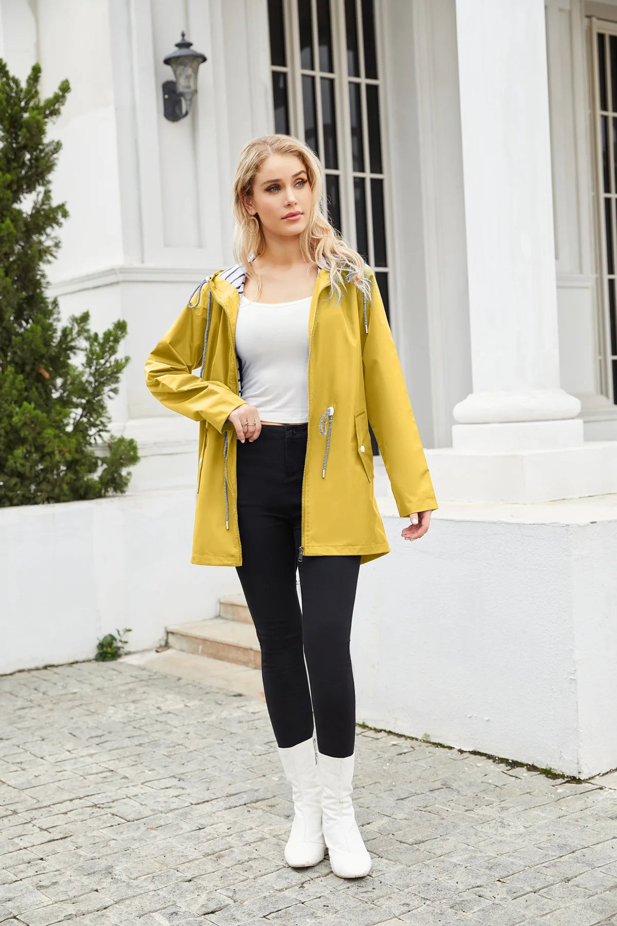 Red Waterproof Hooded Jacket, Women Fashion Casual Coat, Waist Drawstring Tie Zipper Switch Blue Green Yellow Black Windbreaker