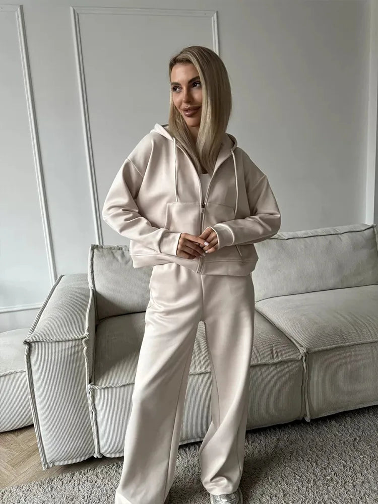 2025 Woman 2 Piece Set Outfit Sports Suit Long-sleeved Zipper Cardigan Hooded Sweatshirt Lace-up Trousers Two-piece Set Trendy