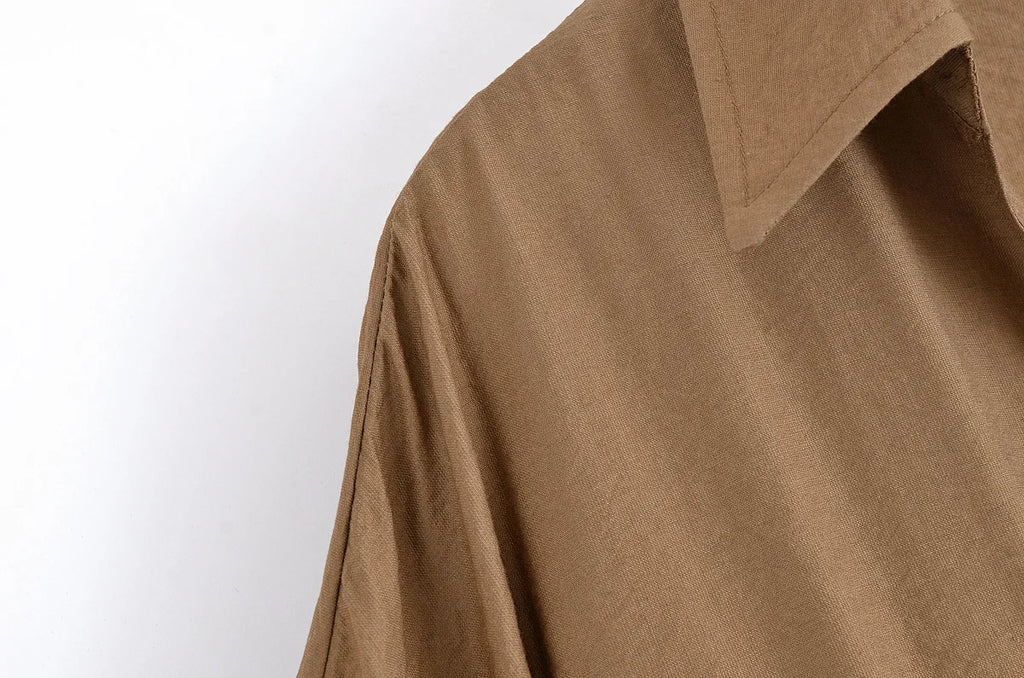 Women Adjustable Drawstring Waist Safari Shirt Short Sleeve Lapel Collar With   Pockets Loose Blouse Streetwear Lady Shirts