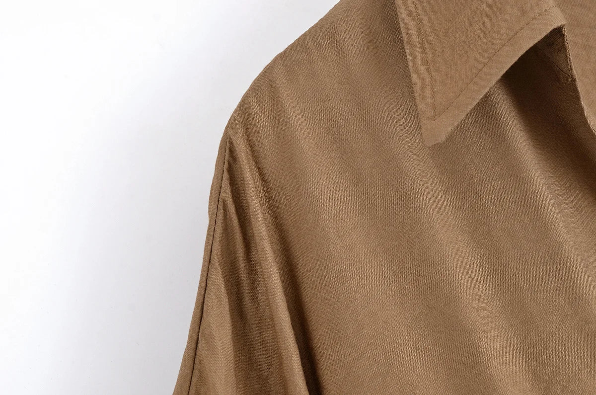 Women Adjustable Drawstring Waist Safari Shirt Short Sleeve Lapel Collar With   Pockets Loose Blouse Streetwear Lady Shirts