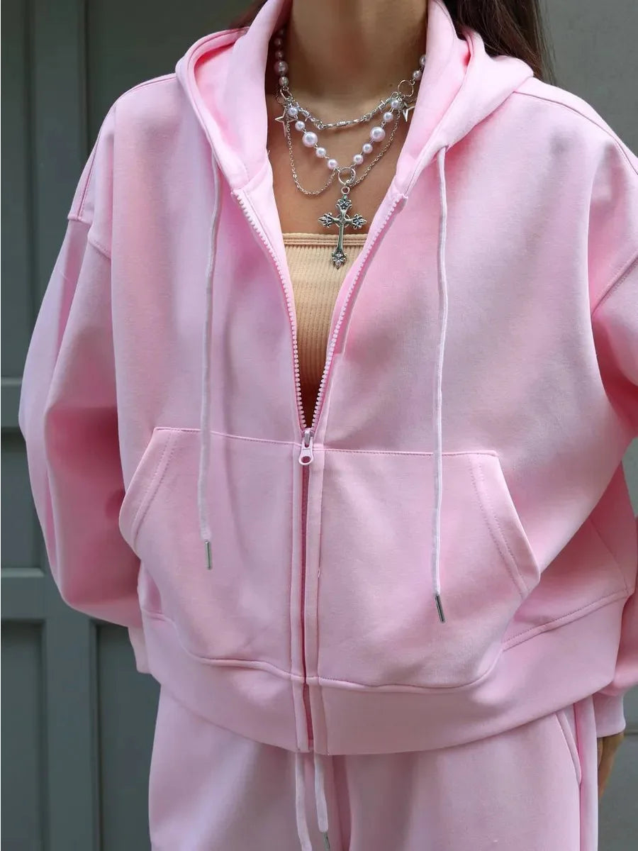 2025 Woman 2 Piece Set Outfit Sports Suit Long-sleeved Zipper Cardigan Hooded Sweatshirt Lace-up Trousers Two-piece Set Trendy