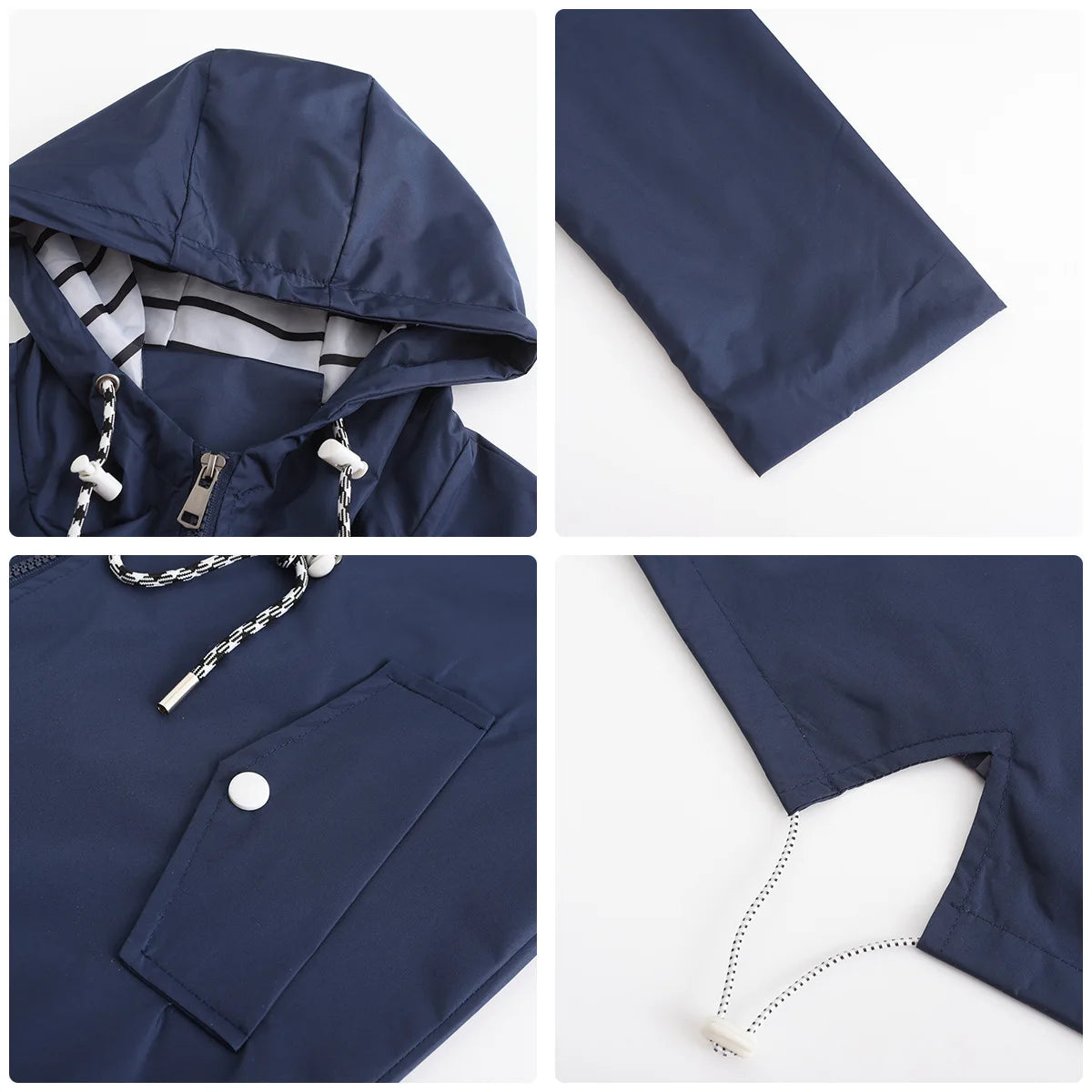 Red Waterproof Hooded Jacket, Women Fashion Casual Coat, Waist Drawstring Tie Zipper Switch Blue Green Yellow Black Windbreaker