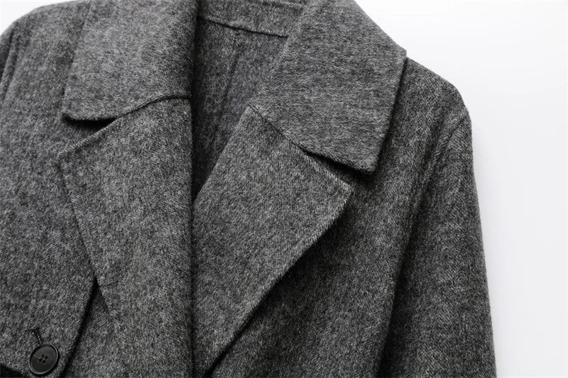 2025 new women's wool blend lapel with belt double breasted woolen coat coat women's trench coat