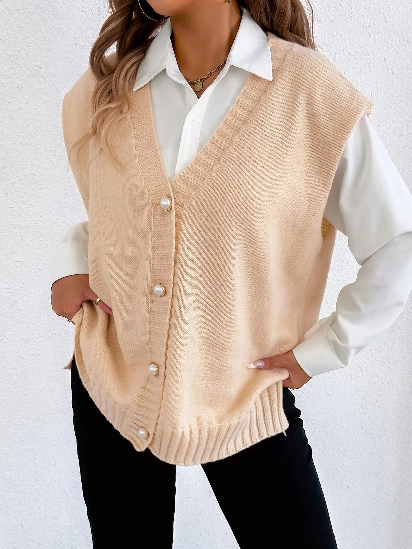 Women's Tops Autumn and Winter Vest Women's Clothing Pearl Button Loose Casual Cardigan Sweater Vest