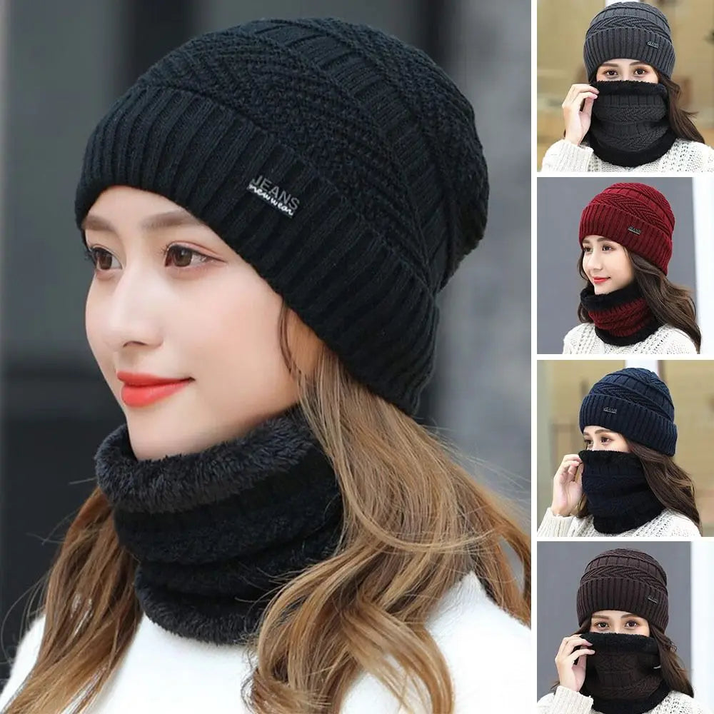 Men Women Winter Beanie Hat Scarf Casual Thermal Fleece Knitted Hat Soft Warm Balaclava Wool Neck Warmer Scarf Cap