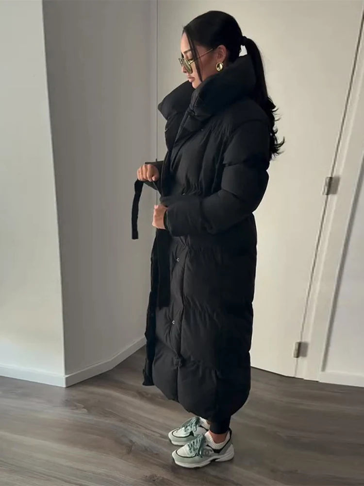 Casual Lace-up Long Padded Jackets Women's Loose Full Sleeves Stand Collar Pocket Maxi Coat 2025 New Winter Ladies Solid Outwear