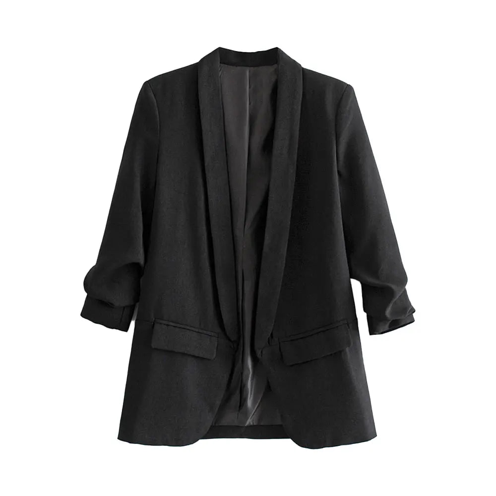 Women Fashion Office Wear Open Blazer Coat Vintage Long Pleated Sleeves Flap Pockets Female Outerwear Chic Tops