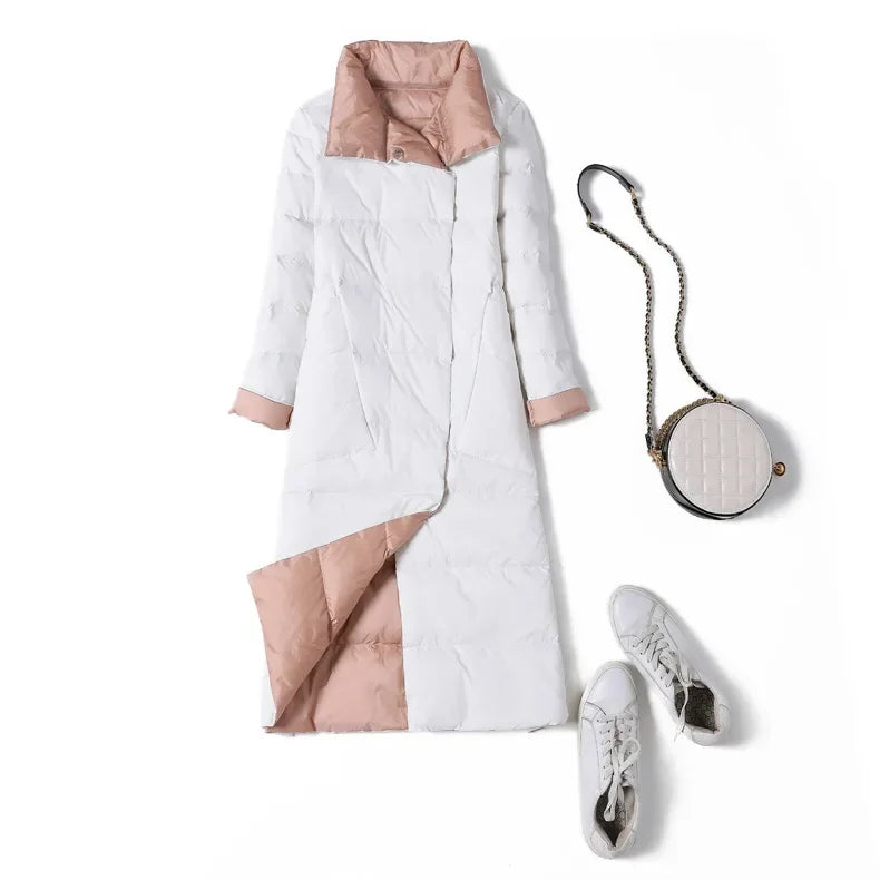 Winter Women White Duck Down Jacket Long Styles Oblique Pocket Lapel Double Sided Coat Female Single Breasted Warm Parka Outwear