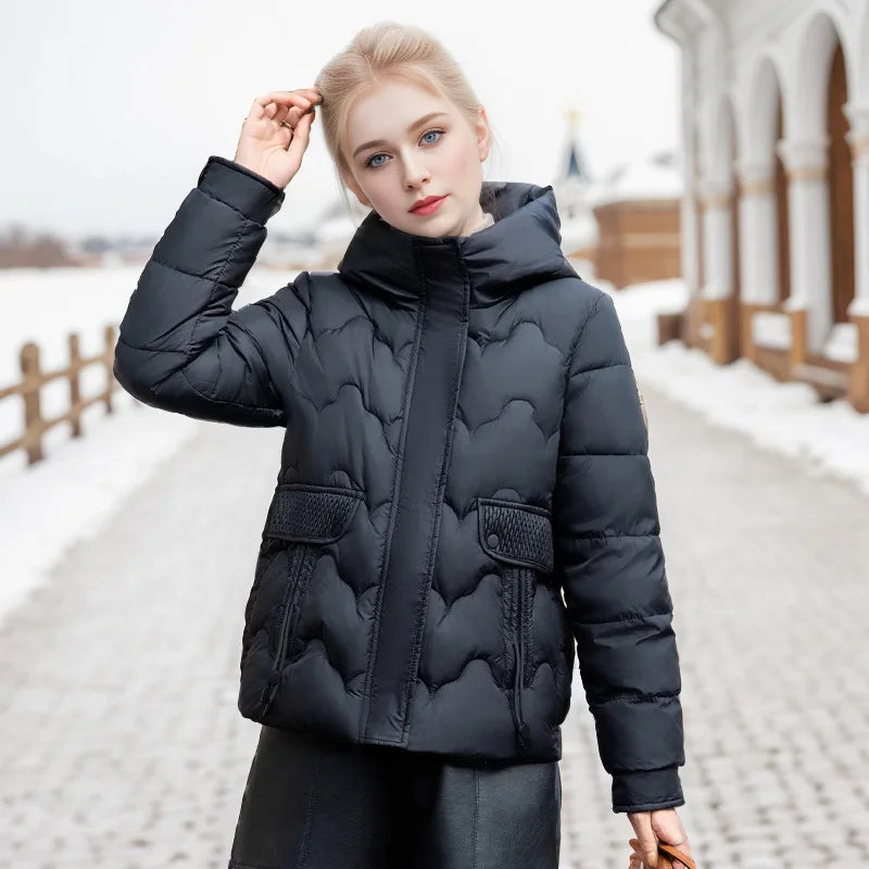 Drawstring Winter Women's Parka Jacket Solid Stand Collar Hooded Zipper Fly Padded Coat For Female Slouchy-Style Lady's Jacket