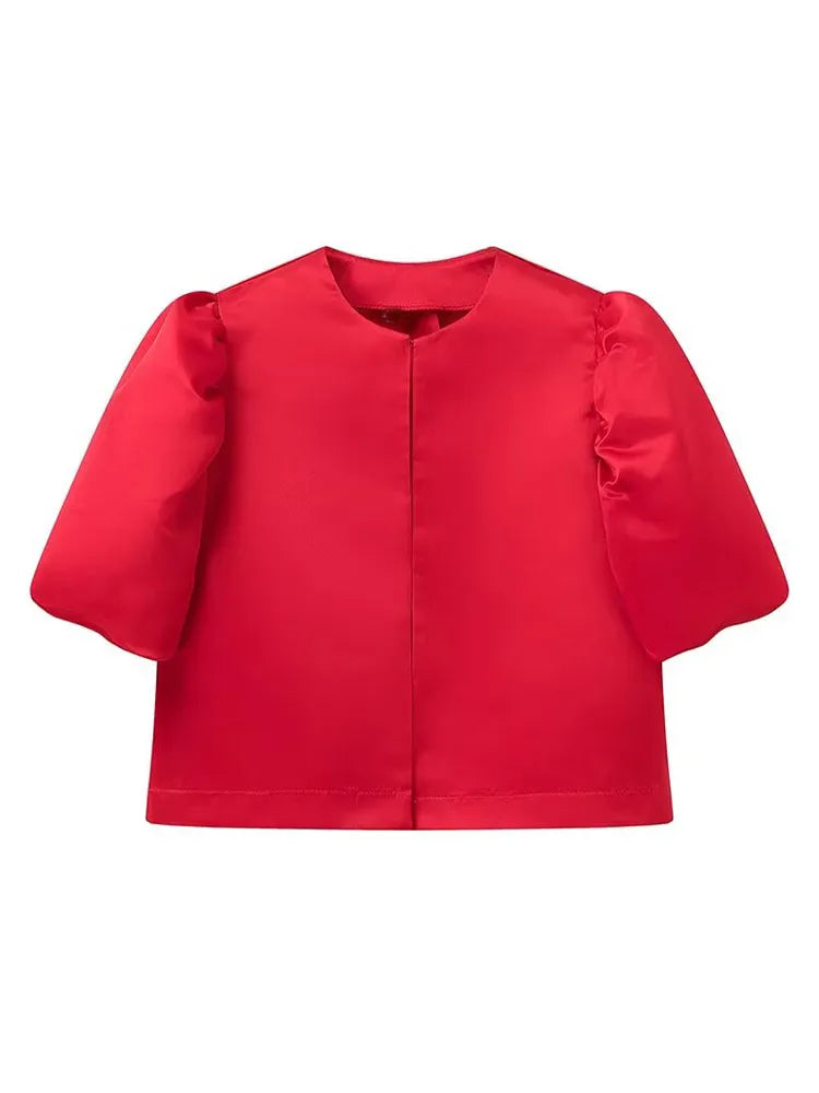 Women's casual satin shirt with puff sleeves, round neck, loose fit and short length, elegant and plain, for spring/summer.