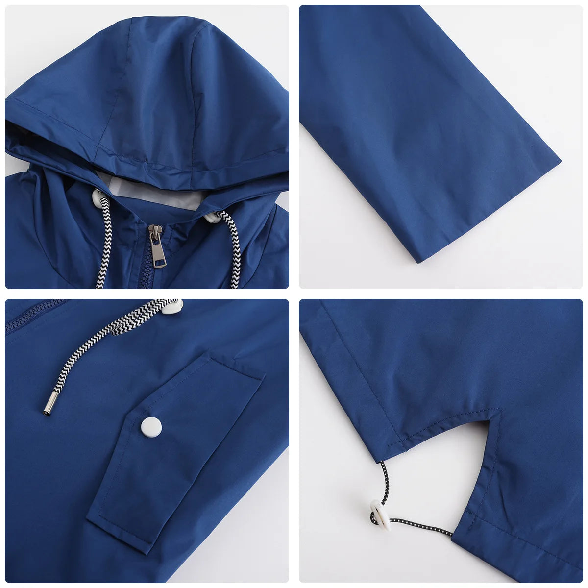 Red Waterproof Hooded Jacket, Women Fashion Casual Coat, Waist Drawstring Tie Zipper Switch Blue Green Yellow Black Windbreaker