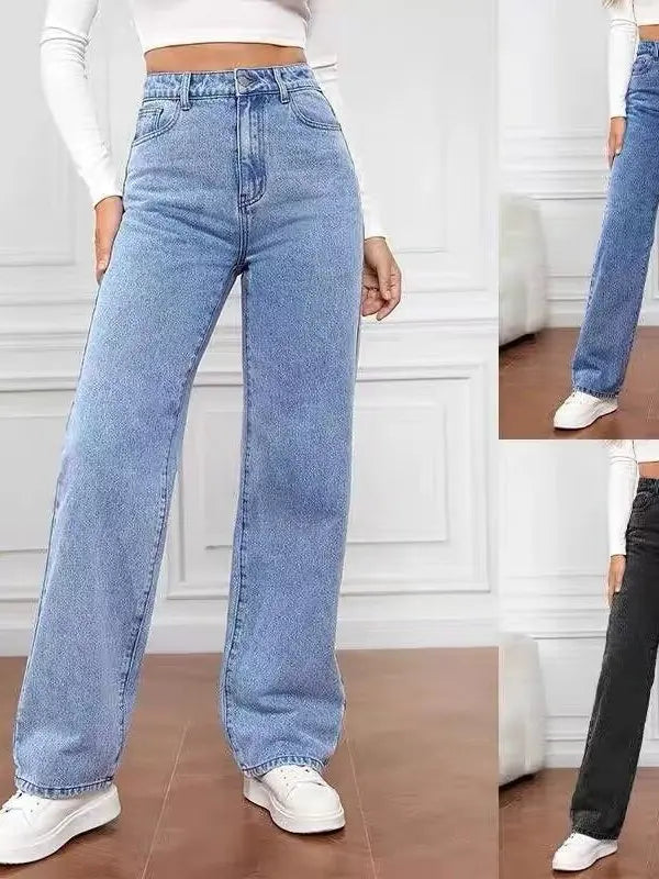 High Waist Loose Fit plus Size Denim Jeans Women's Commuter Straight Leg Pants Casual Sle Polyester Fiber