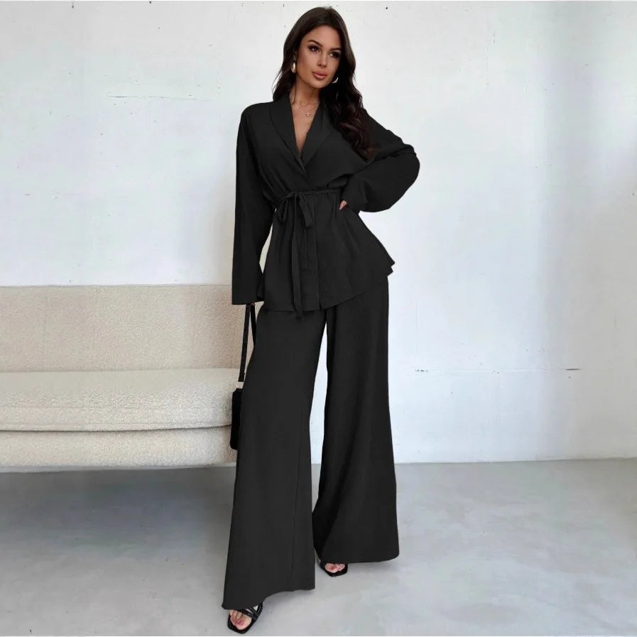 2025 Autumn Winter European American Fashion V-neck Women's Temperament Long-sleeved Elegant Wide-leg Pants Set