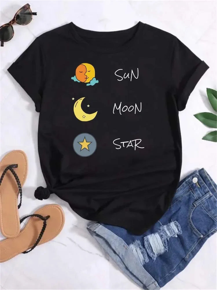 Women Moon Planet Print Fashion Tee Shirts Casual Round Neck Short Sleeve Streetwear Female T-Shirt Vintage Tops