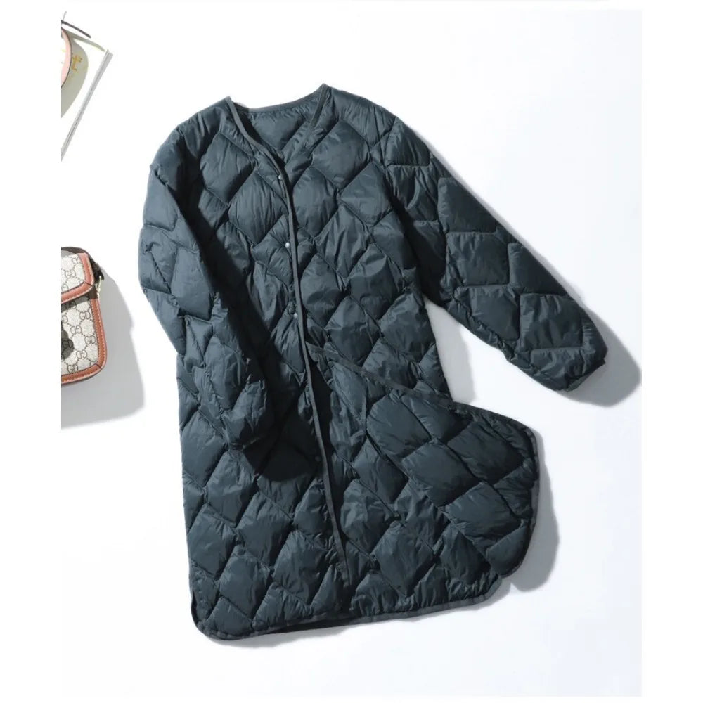 2025 New Warm O-neck Thin Parkas Fashion Outerwear Winter Women Long Ultra Light Puffer Jacket 90% White Duck Down Coat Female