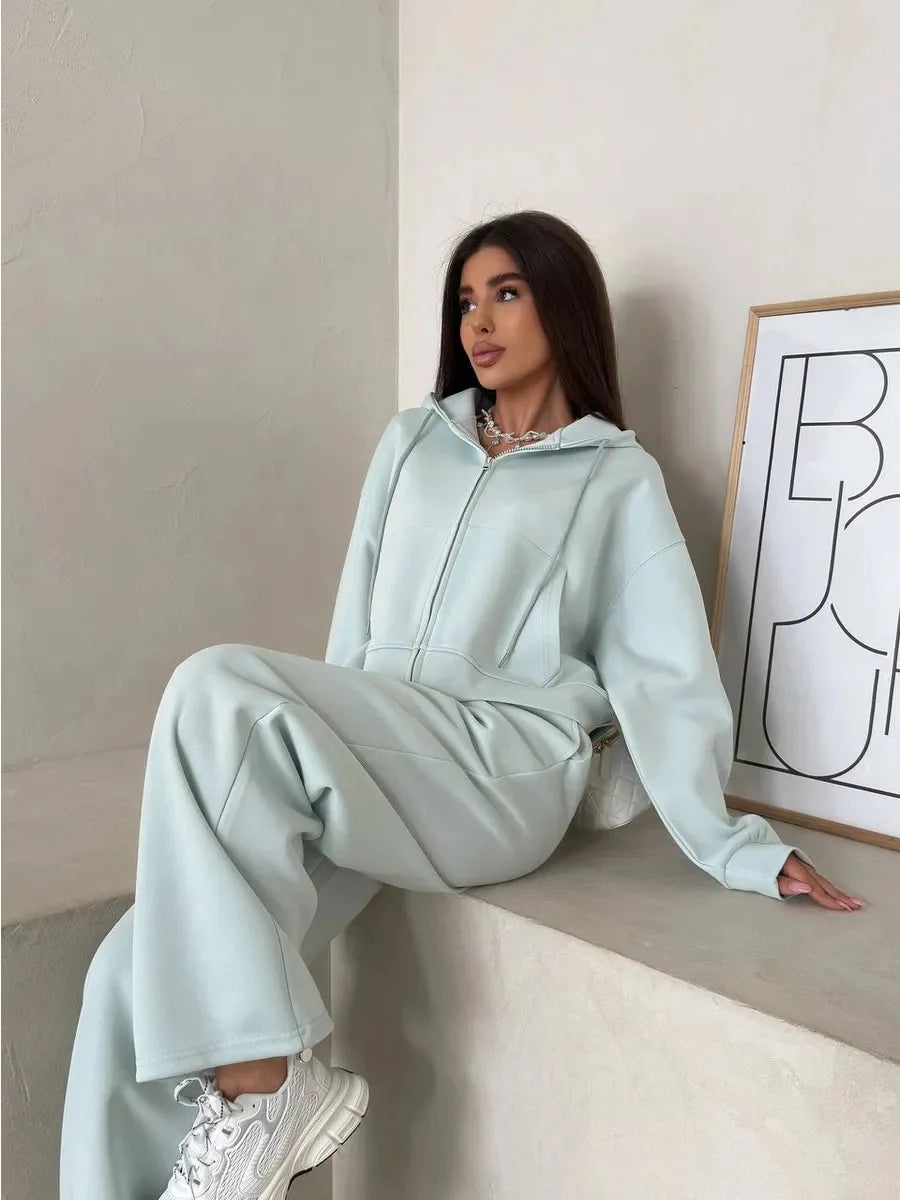 2025 Woman 2 Piece Set Outfit Sports Suit Long-sleeved Zipper Cardigan Hooded Sweatshirt Lace-up Trousers Two-piece Set Trendy