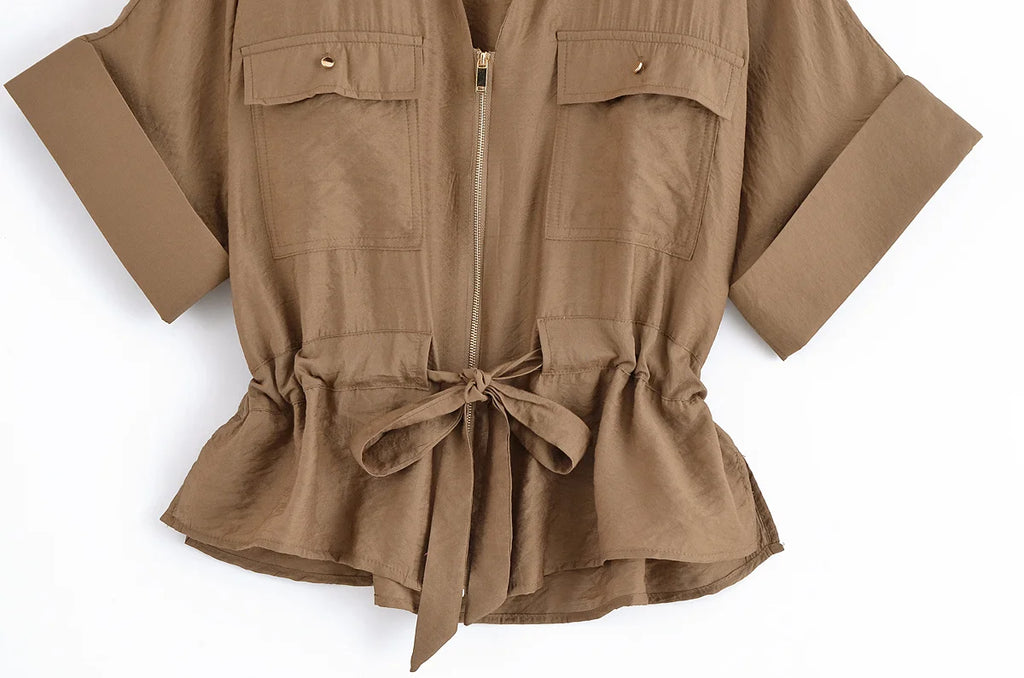 Women Adjustable Drawstring Waist Safari Shirt Short Sleeve Lapel Collar With   Pockets Loose Blouse Streetwear Lady Shirts