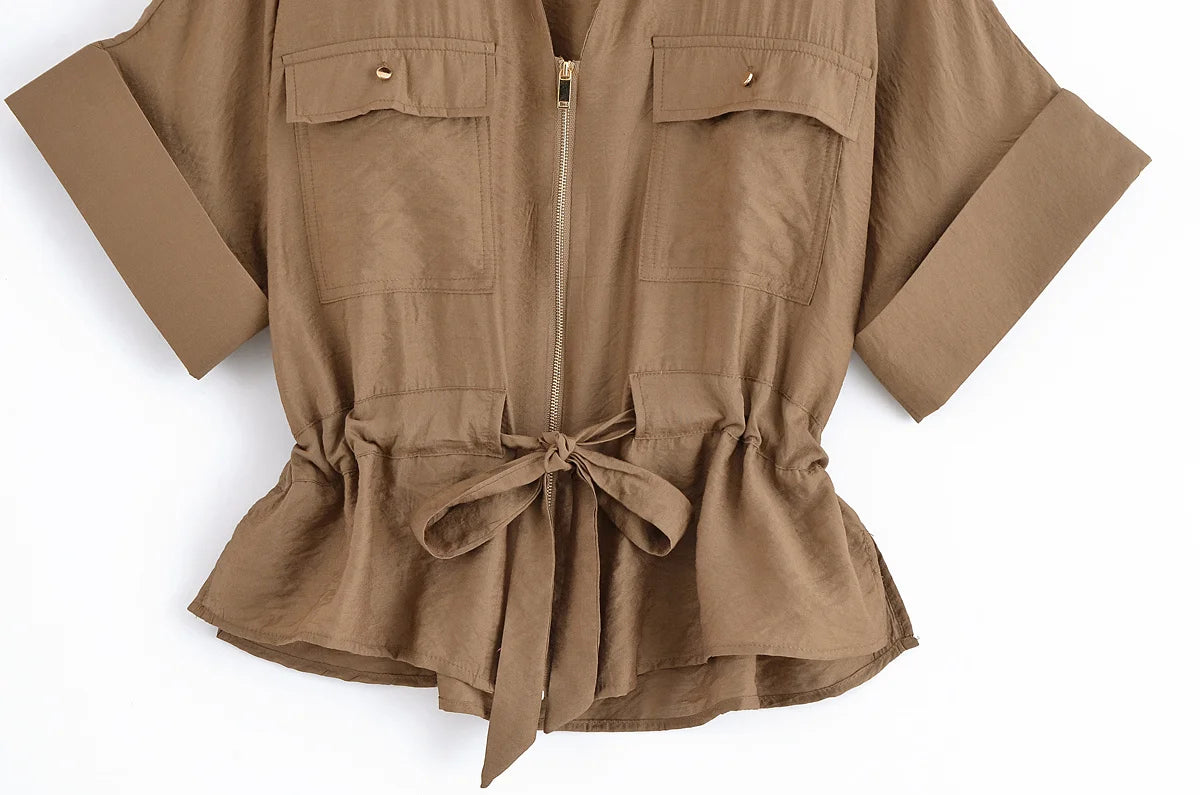 Women Adjustable Drawstring Waist Safari Shirt Short Sleeve Lapel Collar With   Pockets Loose Blouse Streetwear Lady Shirts