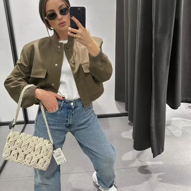 MUJER Women's Bomber Jacket Women Autumn Cropped Jacket For Women 2025 Long Sleeve Aviator Jackets Woman Fashion Short Coats