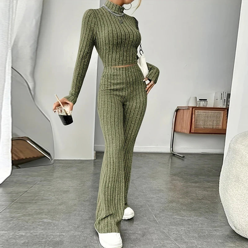 Fashion Women's Knitted Two-piece Set Casual Ribed Long-Sleeve Slim Outfit Trouser Set Female Outfit Clothes