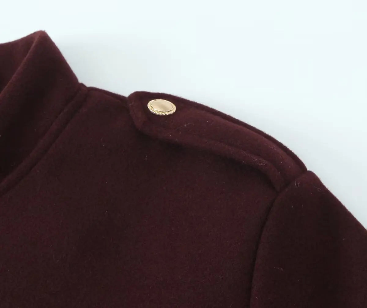Women's Retro Wine Red Cropped Jacket Stand Collar Long Sleeve Buttoned Epaulettes Patch Pocket Coat Fall Winter New Jacket
