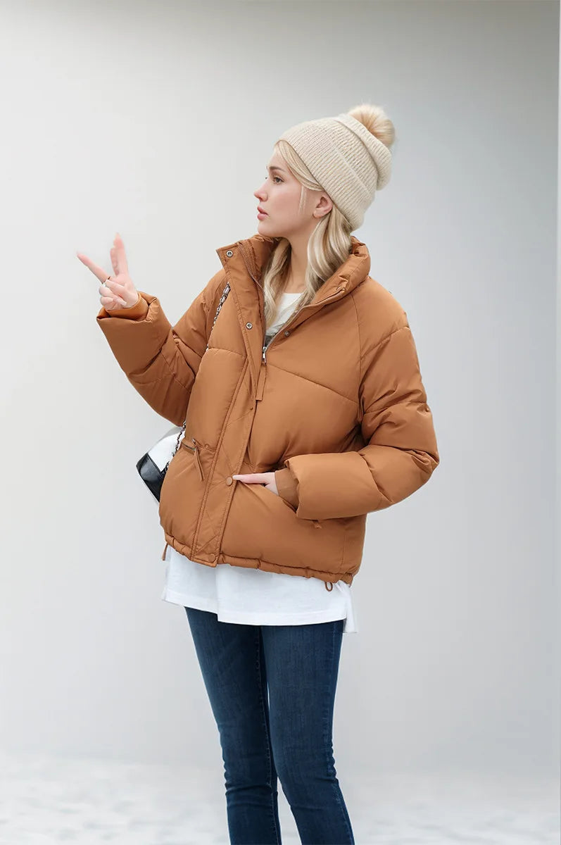 Women's Winter Puffer Coat Stand Collar Zipper Fly Pockets Loose Fit Quilted Coat For Female Thickened Lady's Thermal Coat