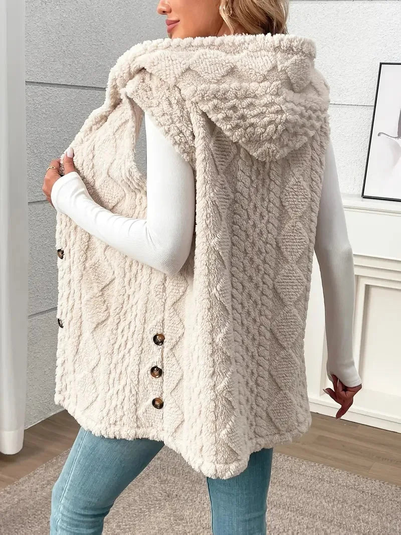 VigoCasey 2025 Casual Sleeveless Thick Vest Coat Woman Solid Hooded Warm Plush Waistcoat Lady Autumn Winter Apricot Vest Jacket