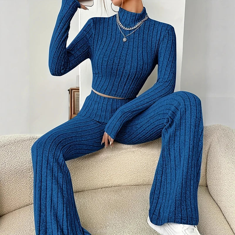 Fashion Women's Knitted Two-piece Set Casual Ribed Long-Sleeve Slim Outfit Trouser Set Female Outfit Clothes