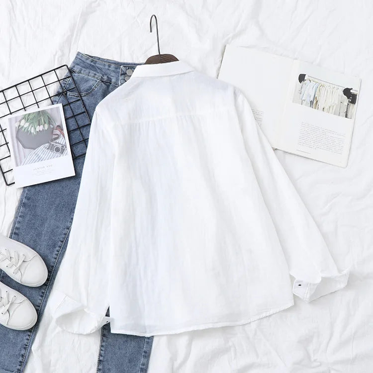 2025 Spring Autumn New Fresh Cotton Yarn Ladies Long Sleeve Shirt Flower Embroidered Women's Casual Shirt Female Blouse Clothes