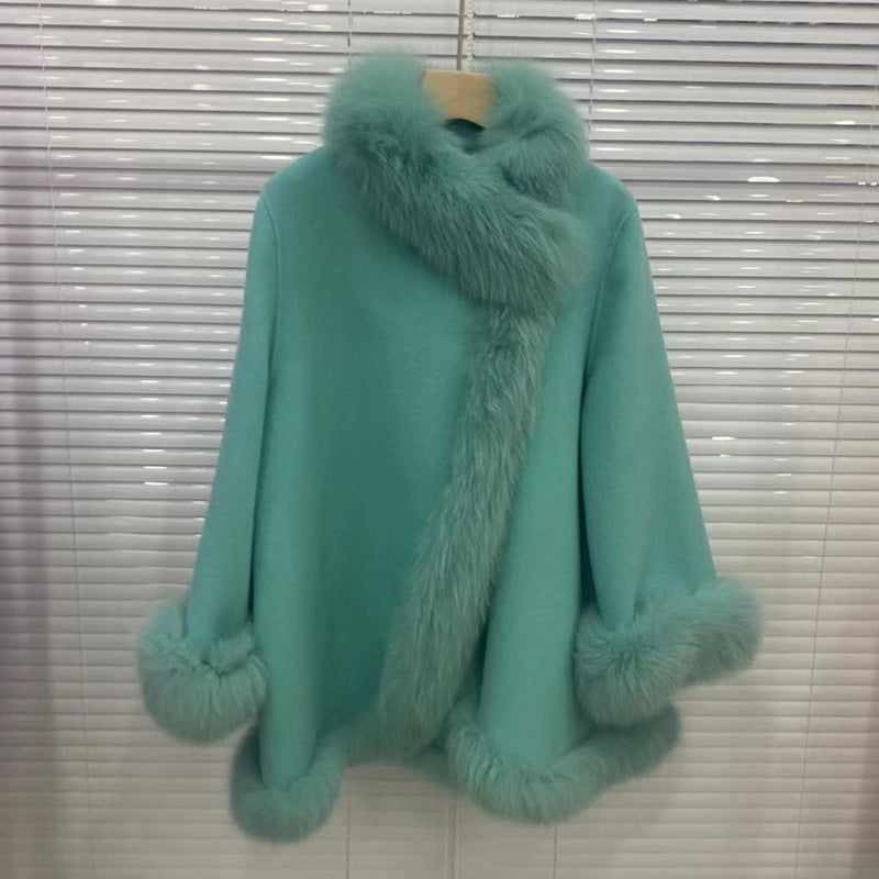 2025 Real Fur Coat Winter Jacket Women Natural Fox Fur Collar Warm Cashmere Wool Woolen Ladies Outerwear Streetwear Fashion