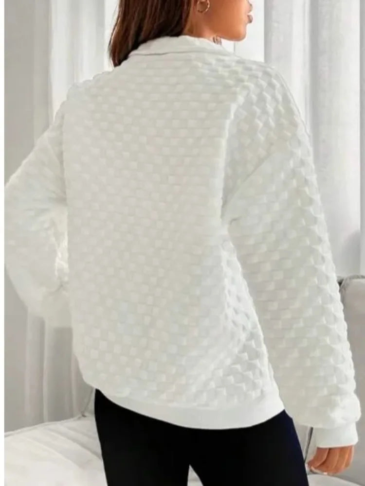 Spring and Autumn Women's Pullover Stand Neck Zipper Solid Plaid Lantern Long Sleeve T-shirt Hoodies Vintage Fashion Casual Tops