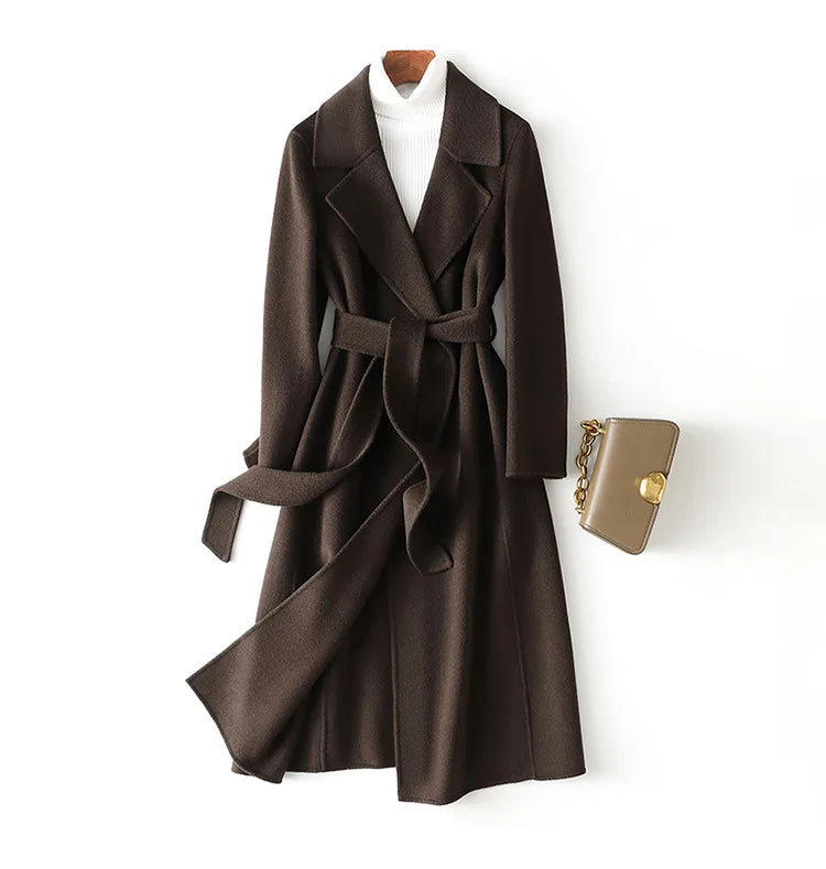 2025 Autumn 100% Wool Coats With Belt Fashion Open Stitch Elegant Woolen Cashmere Coat Veste Femme Tops