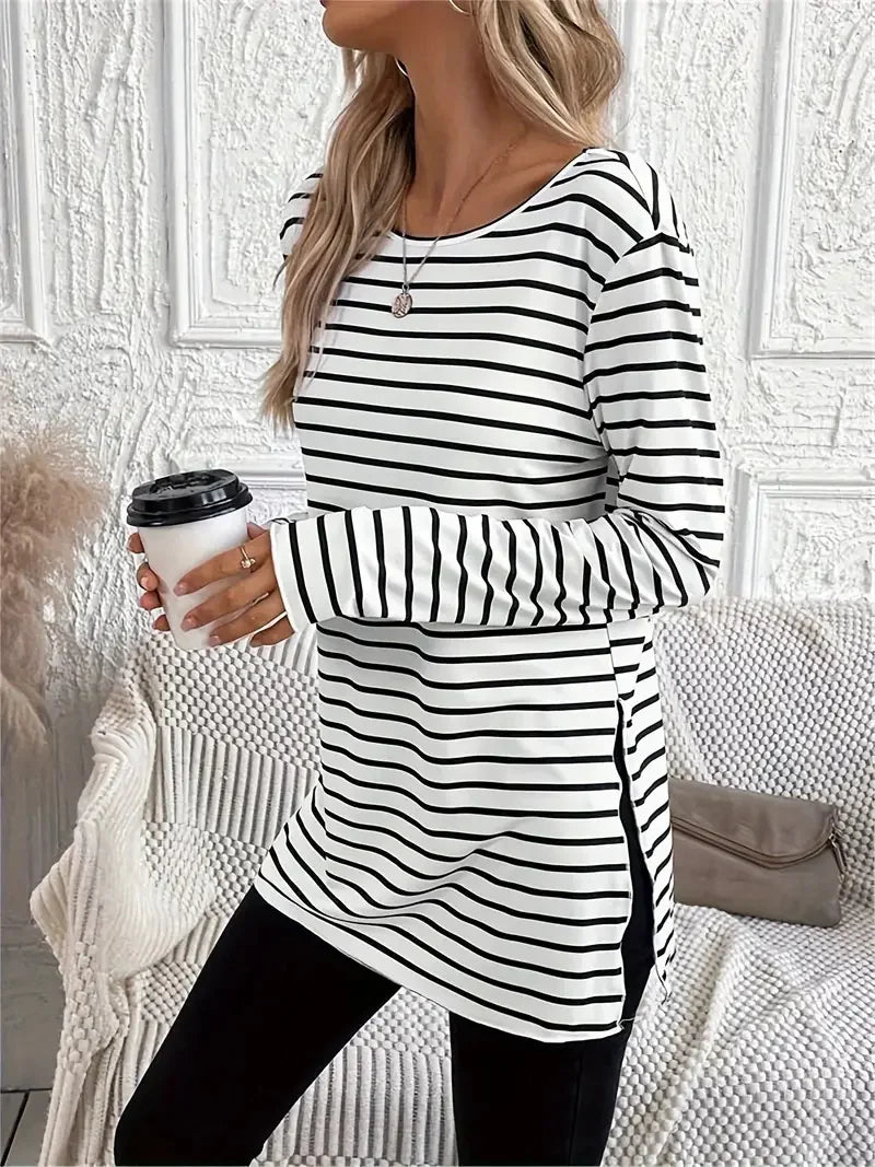 Stripe print crew neck t-shirt casual long sleeve slit t-shirt spring and autumn women's wear