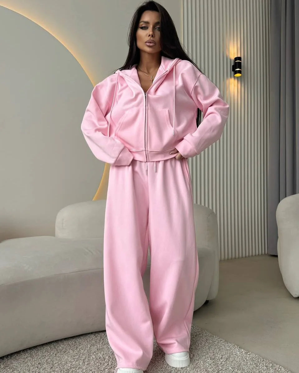 2025 Woman 2 Piece Set Outfit Sports Suit Long-sleeved Zipper Cardigan Hooded Sweatshirt Lace-up Trousers Two-piece Set Trendy