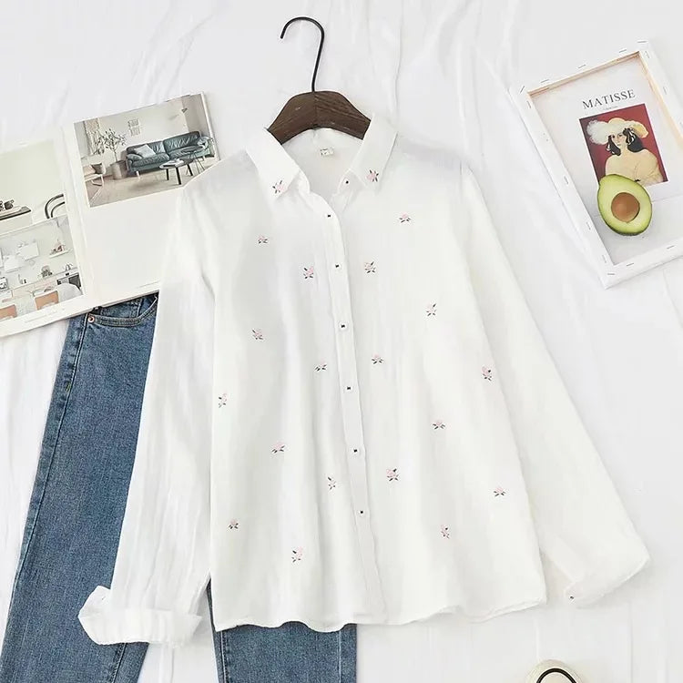 2025 Spring Autumn New Fresh Cotton Yarn Ladies Long Sleeve Shirt Flower Embroidered Women's Casual Shirt Female Blouse Clothes