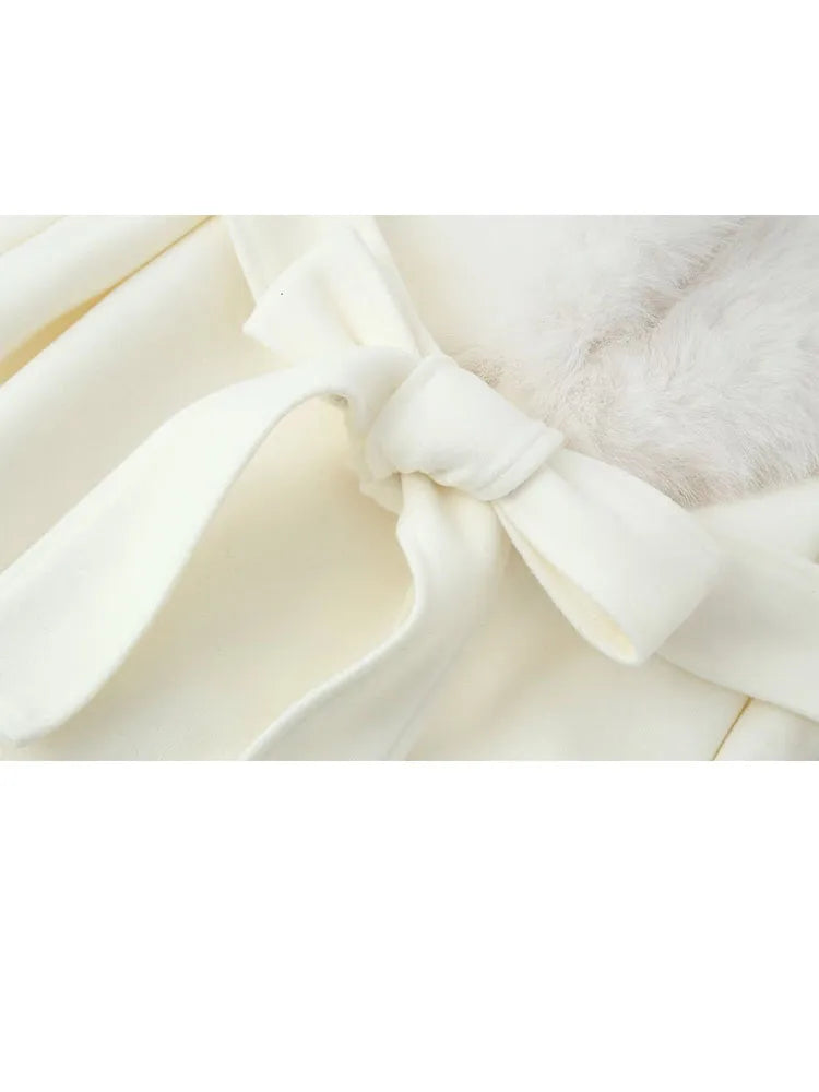 HH New Woman Winter Fashion Versatile Faux Fur Effect Lapel Long Sleeves Belt Long Coat Female Casual Commuting Long Overcoat