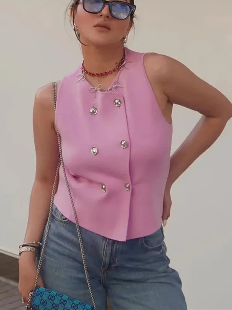 MUJER Knit Sleeveless Vest Woman Fashion Pink Knitted Cropped Vest Women Double Breasted Summer Vest Top Women New In Short Coat