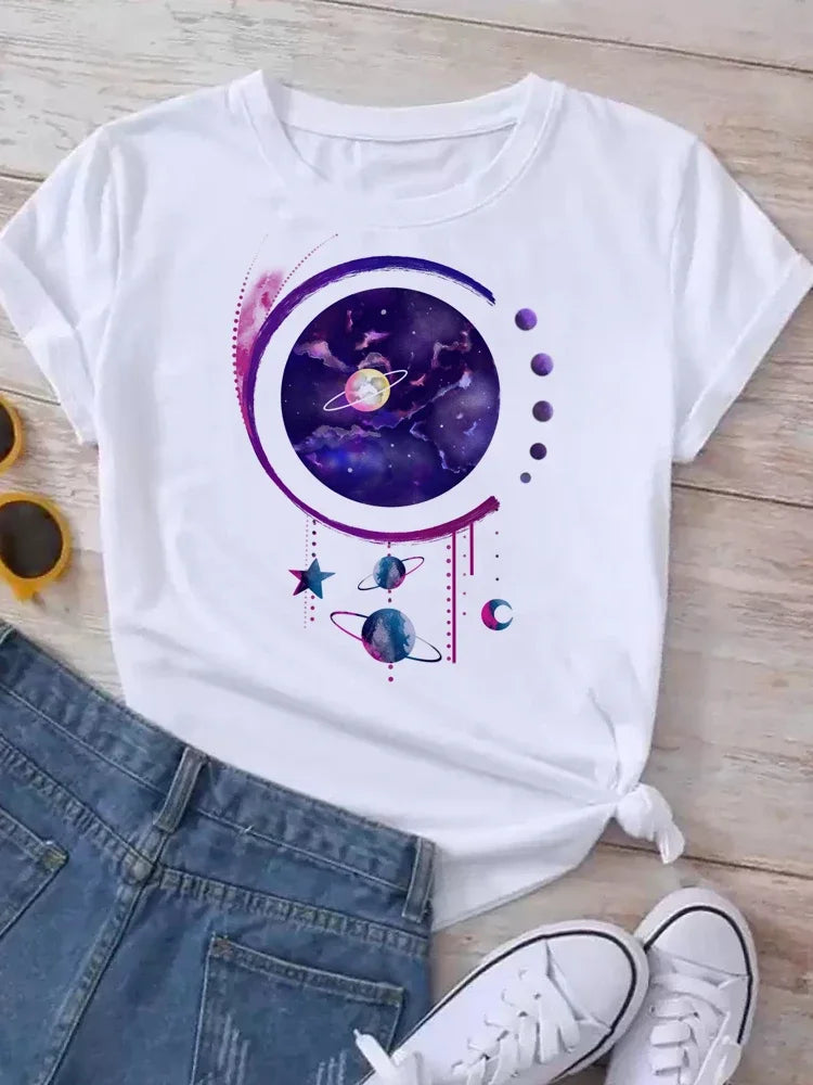 Women Moon Planet Print Fashion Tee Shirts Casual Round Neck Short Sleeve Streetwear Female T-Shirt Vintage Tops